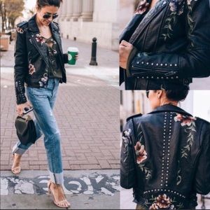 Vegan leather moto jacket with floral appliqué